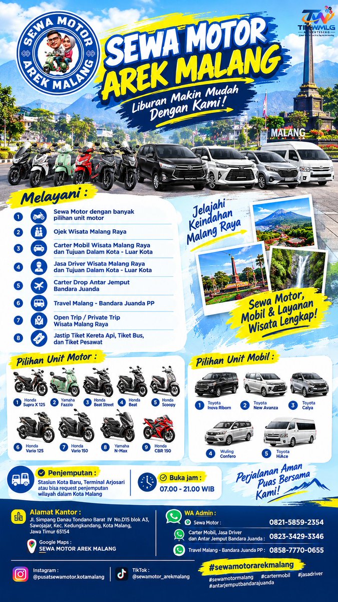 sewamotorarema's tweet photo. SEWA MOTOR AREK MALANG
π΅ Sewa Motor , Ojek Wisata
π Carter Mobil , Jasa Driver
βοΈ Travel / Drop Antar - Jemput Bandara Juanda
π Kota Malang
Informasi & Reservasi :
WA 0821 5859 2354 / 0823 3429 3346
#sewamotormalang #sewamotorarekmalang #cartermobilmalang #jasadriver https://t.co/YJc4xBMrRr