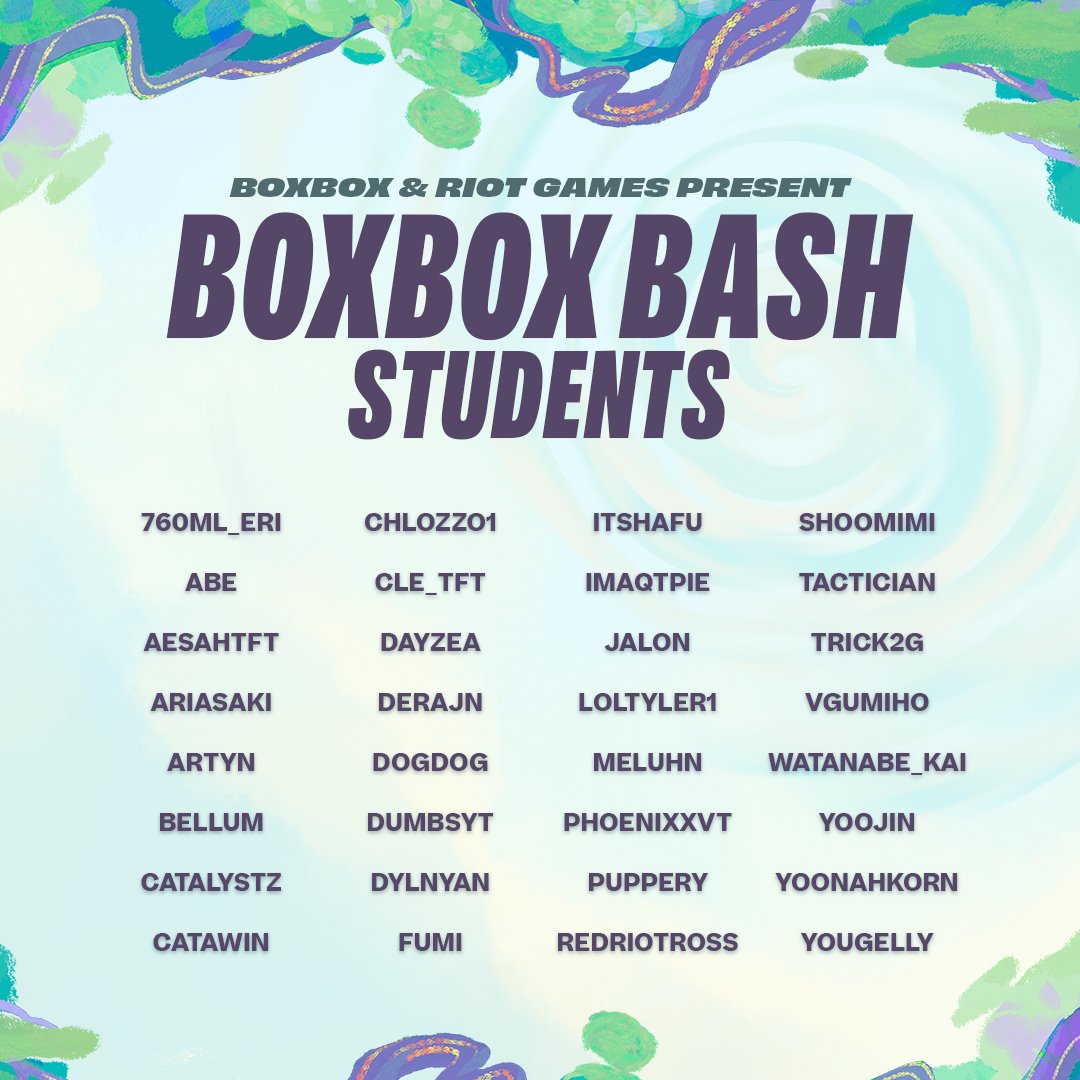BoxBox's tweet photo. HERE IT IS!! Your BoxBox Bash 3 roster! 

This was our first time doing applications - there were so many cool people! I wish we had more than 32 spots 🥺 We did our best to take many newcomers across many different games and skill levels. 

These 32 students will get drafted onto 8 teams and compete for our $25,000 prize pool provided by @TFT! Draft begins on October 8th @ 2pm PST! Excited to see you all there!