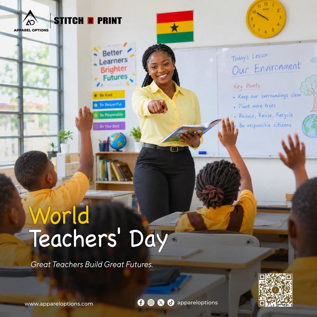 appareloption's tweet photo. "A good teacher is like a candle, it consumes itself to light the way for others." Happy World Teachers' Day to the guiding lights in our lives!๐ฏ๏ธ
From all of us at Apparel Options ๐
#appareloptions #stitchnprint #brandingsolutions #embroidery #teachersday https://t.co/o21Qtg350A