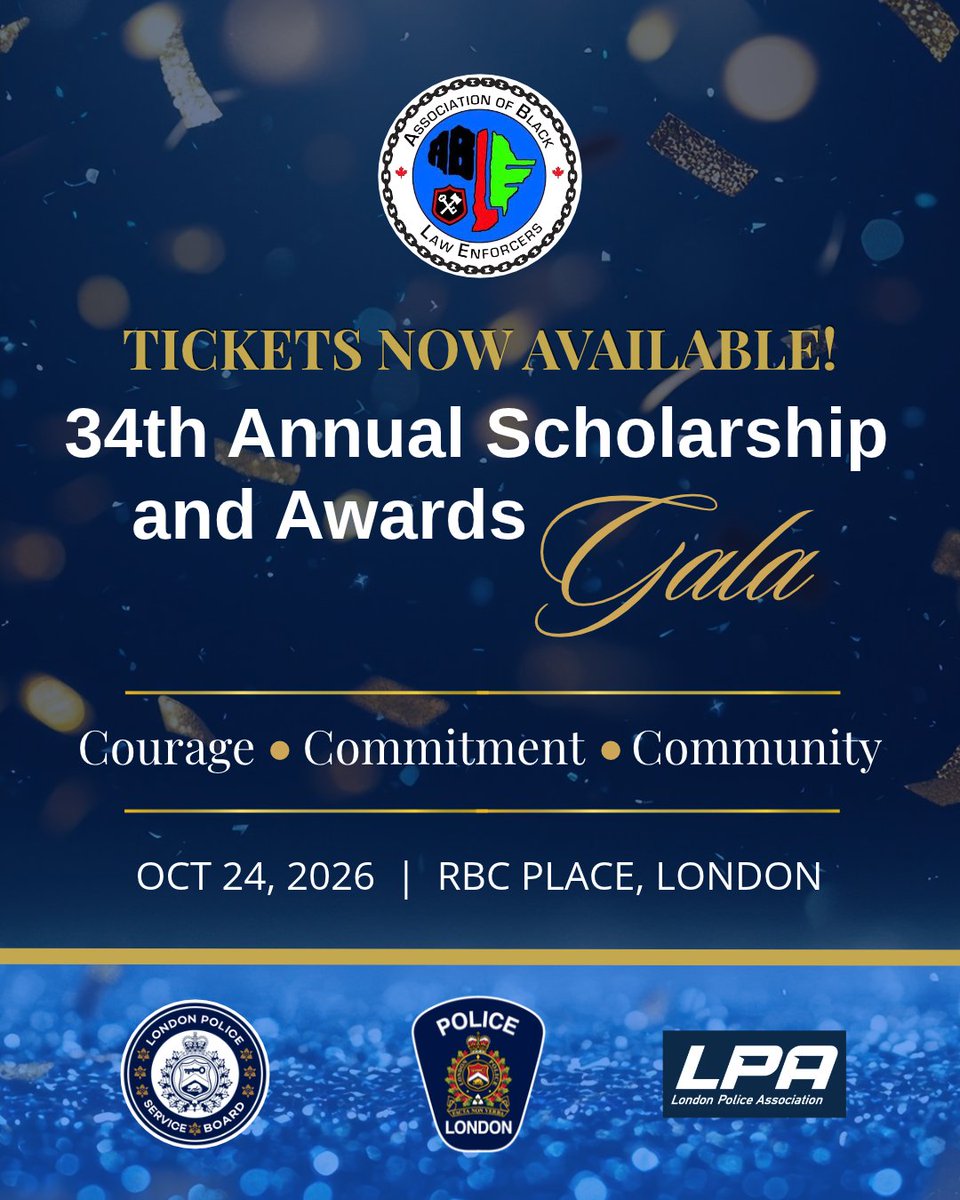 lpsmediaoffice's tweet photo. Courage. Commitment. Community. 👮‍♂️✨

The London Police Service is proud to invite our community to join us for the 34th Annual A.B.L.E. Scholarships and Awards Gala, hosted in partnership with the London Police Service Board and the London Police Association.

📅Saturday, October 24, 2026
📍 RBC Place London

This special evening will bring together law enforcement professionals, community leaders, students, sponsors and supporters from across Canada to recognize achievement, celebrate excellence and advance opportunities within Black and racialized communities.

By attending or supporting the gala, you’re helping create educational opportunities, empower future leaders and recognize the people making a lasting difference in communities across Canada.

Join us for an unforgettable evening and be part of something that helps build a stronger future.

🔗Get your tickets and join us at the gala: https://t.co/WHn4tUwHFD

#LdnOnt #ABLEGala