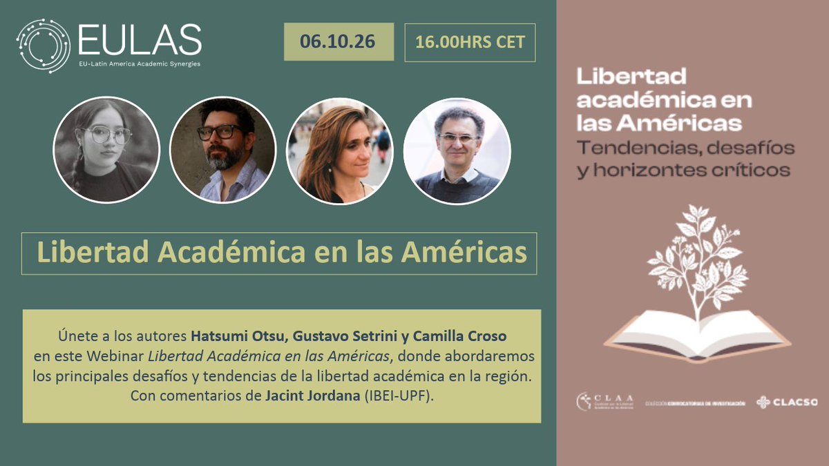 EULASNetwork's tweet photo. ⏰ ¡Es mañana!

¿Qué está pasando con la libertad académica en las Américas?

Acompáñanos en nuestro webinar con @CamillaCroso, @GSetrini y Hatsumi Otsu, a partir del volumen de @_CLACSO "Libertad Académica en las Américas".

📅 6 oct | 16:00 hrs CET
Link: https://t.co/MPBWo2myeQ https://t.co/MDeGaU0KSd