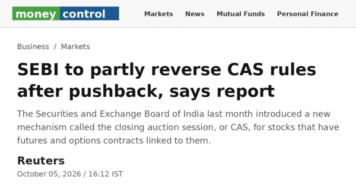 SarangSood's tweet photo. Looks like the pushback worked.

SEBI may partly reverse the CAS rules.

According to Reuters: 
• CAS may not be used for derivatives settlement for at least a year 
• Last 30-minute VWAP would be used instead 
• CAS would continue for the underlying cash stocks 
• Changes could come by month-end

Turns out raising your voice sometimes does matter.