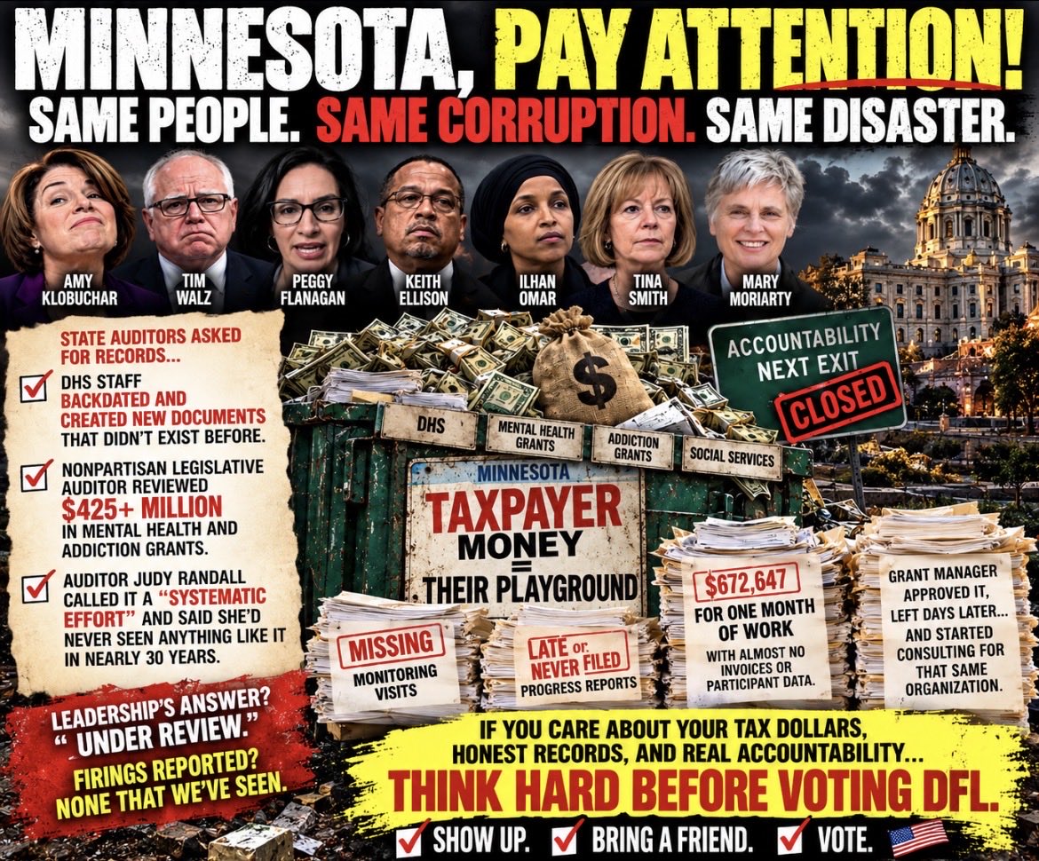 Catbendzick's tweet photo. 🚨⚠️ MINNESOTA, PAY ATTENTION ⚠️🚨

📂 When state auditors asked for records, staff at DHS, under DFL leadership, BACKDATED, AND CREATED NEW DOCUMENTS that didn't exist before. 🗓️✏️

🔍 The nonpartisan Legislative Auditor reviewed $425+ million in mental health and addiction grants. 💸

🗣️ Auditor Judy Randall called it a "SYSTEMATIC EFFORT," and said she'd never seen anything like it in nearly 30 years on the job. 😳

❌ Required monitoring visits:  MISSING
 ❌ Progress reports:  LATE or NEVER filed
 💰 One grantee got $672,647 for ONE month of work with almost NO invoices or participant data
 🚪 The grant manager who approved it left days later… and started consulting for that same organization 🤔

👔 Leadership's answer? "Under review." 🤷
 🔥 Firings reported?  NONE that we've seen. 🔥

🗳️ If you care whether your tax dollars are tracked, whether records are honest, and whether anyone is held accountable, think hard before voting DFL. 🛑

✅ Show up. ✅ Bring a friend. ✅ VOTE. 🇺🇸
#Minnesota #MNLeg #Accountability #Vote #DHS
#MNDFL #DFL #MinnesotaDFL #MNDems #Democrats
#MNGOP #MinnesotaGOP #MNRepublicans #VoteRed #RedWave #GOP #Republican
#MNGOP #MinnesotaGOP #MNRepublicans #VoteRed #RedWave #GOP #Republican