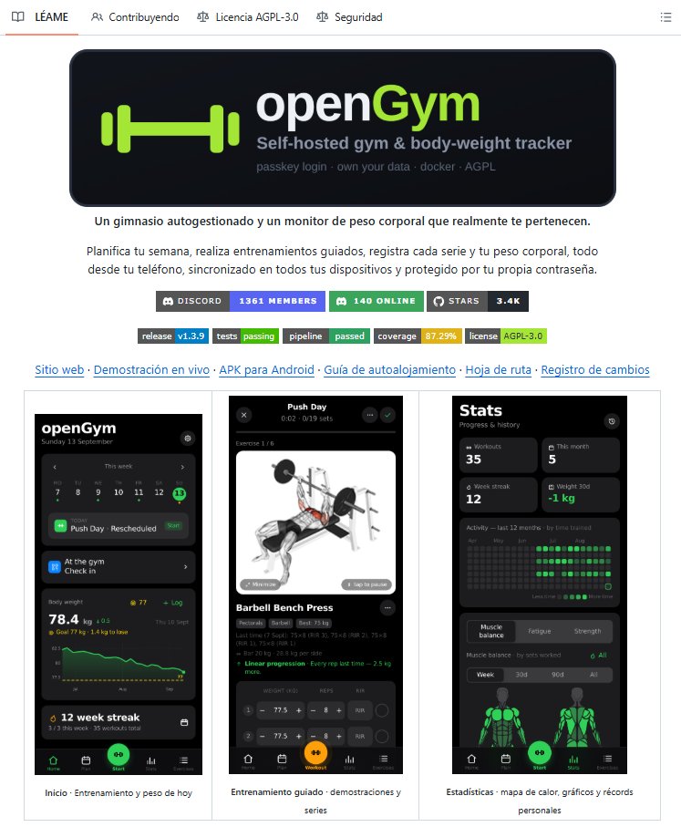 _guillecasaus's tweet photo. Han creado la app que todo gymbro debería tener.

Es perfecta si quieres llevar el control de tus rutinas sin suscripciones ni cuentas.

Se llama openGym y es un tracker de entrenamiento self-hosted que puedes ejecutar tú mismo y usar incluso sin conexión.

Así funciona:

✓ Planifica rutinas y entrenamientos
✓ Registra series, peso y repeticiones
✓ Muestra PRs, estadísticas y evolución
✓ Analiza músculos y progresiones

Además, incluye más de 1.300 ejercicios, permite importar datos desde FitNotes, Strong y Hevy y exportarlo todo en JSON.

Sin anuncios, sin tracking y sin depender de los servidores de una empresa.

Es completamente gratuita y open-source.

Repo 👇