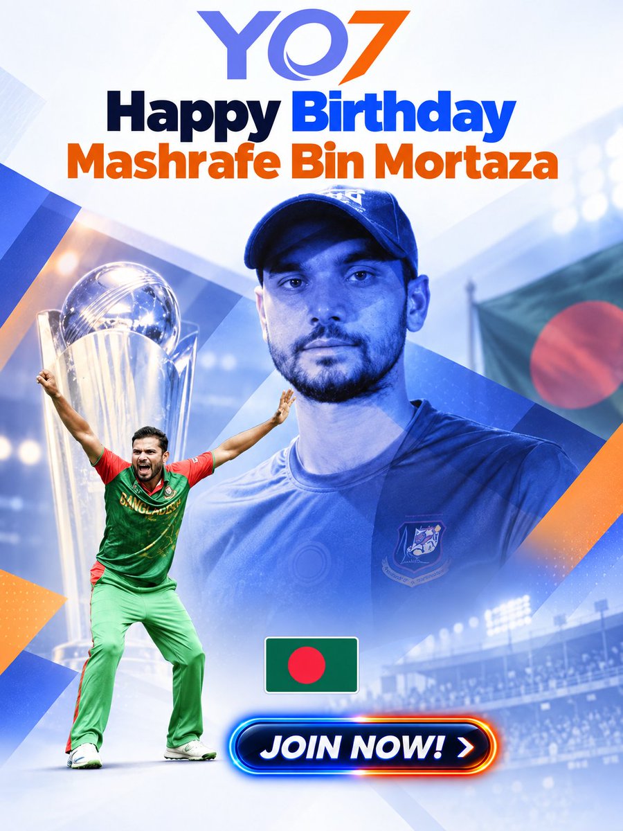 Yo7Official's tweet photo. Happy Birthday, Mashrafe Bin Mortaza! 🇧🇩🏏 Celebrating a Bangladesh cricket legend with YO7 Bangladesh your destination for cricket excitement and online entertainment.

#MashrafeBinMortaza #BangladeshCricket #YO7Bangladesh #CricketBangladesh #YO7 https://t.co/fJXQEyJIcY