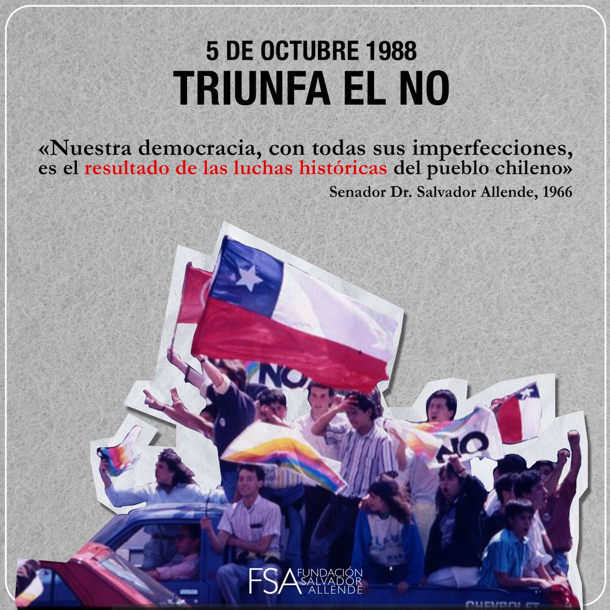 FSAllende's tweet photo. 🗳️ 5 de octubre | A 37 años del triunfo del NO.

En 1988, el 54,7% de Chile votó NO a la continuidad de la dictadura, abriendo el camino al retorno de la democracia tras años de organización y resistencia.

La democracia debe vivirse con activa participación y memoria. https://t.co/IVTPDiG1M1