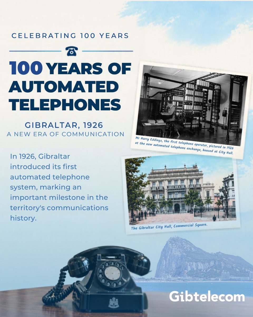 gibtelecom's tweet photo. 📞☎️ 100 Years Since Gibraltar's First Automated Telephone System

This month marks the centenary of a significant milestone in Gibraltar's telecommunications history. On 1 October 1926, Gibraltar's first automatic telephone exchange entered service, marking a major step forward in communications on the Rock.
 
Installed at City Hall, the new automatic telephone exchange replaced the old manual system, which had around 300 subscribers connected to the service, with local calls having to go through an operator. The new system introduced a faster, more efficient, and reliable way for people to communicate.
 
The introduction of the automatic exchange represented a major technological advancement for Gibraltar and helped pave the way for future developments, including the establishment of the first International Telephone service to Spain in 1927. By 1929, telephonic communication had further increased to fully establish links with the United Kingdom, France, Switzerland, Portugal and the United States of America.
 
One hundred years on, it is remarkable to reflect on how far communications have evolved, from an automatic exchange serving a few hundred subscribers to the advanced fibre, mobile and digital services that keep Gibraltar connected throughout the World today.
 
#Gibtelecom #Gibraltar #Telecommunications #100Years #History