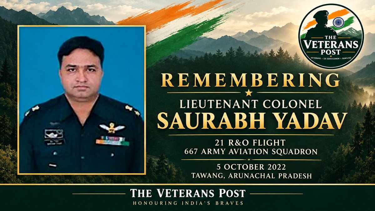 TheVeteransPost's tweet photo. Remembering Lt Col Saurabh Yadav, 38, of 21 R&amp;O Flight/667 Army Aviation Sqn, who lost his life when his Cheetah helicopter crashed near Tawang on 5 October 2022. Four years on, we honour his service and sacrifice.

#IndianArmy #ArmyAviation #TheVeteransPost https://t.co/LLLeJvueyE