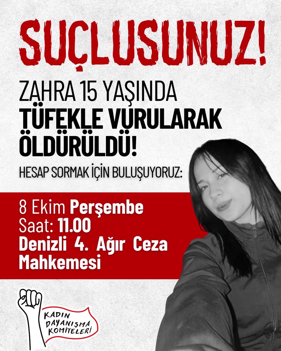 kadindayanismak's tweet photo. 🔺Zahra için buluşuyoruz. Suçlulardan da suç ortaklarından da hesap soracağız!

🗓️ 8 Ekim Perşembe | 11.00
📍Denizli Adliyesi https://t.co/4X2c9nzKBE