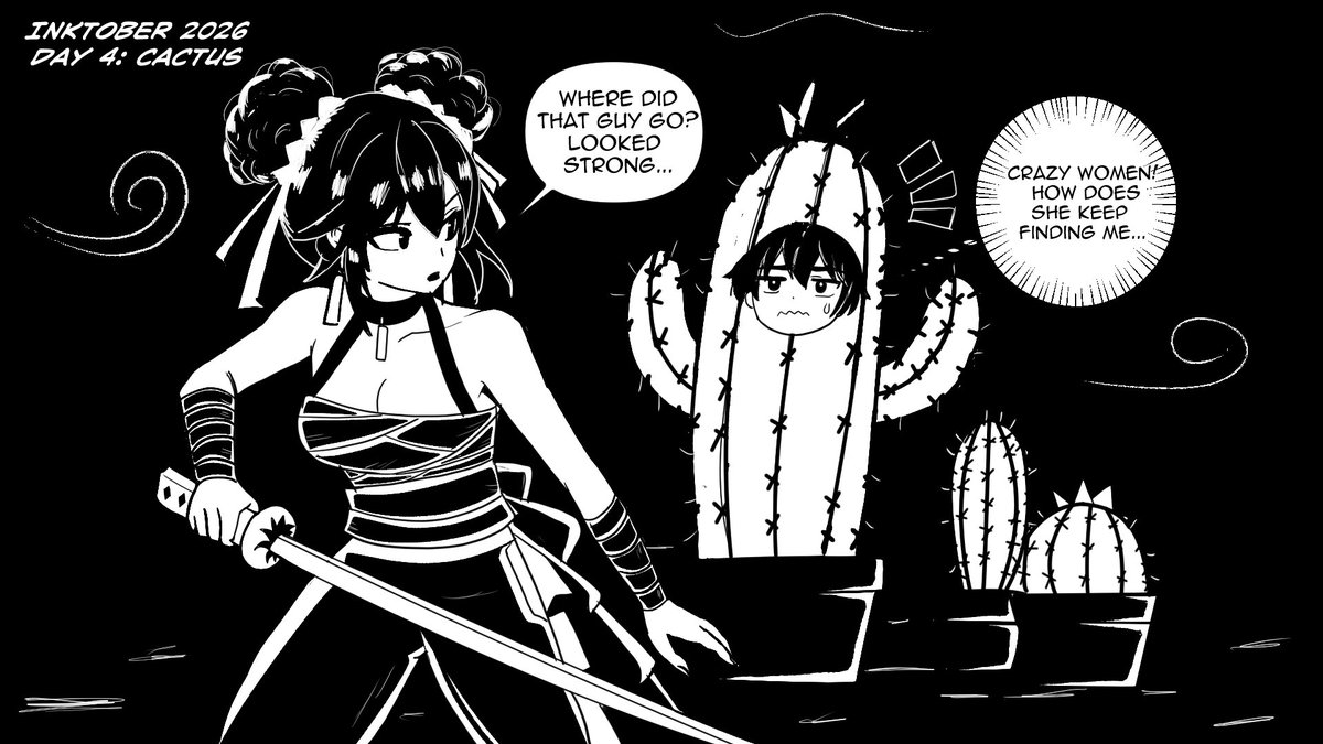DaphnisDraws's tweet photo. Inktober 2026 day 4: catcus. Having lots of fun with my manga ocs  #inktober #art #didgitalart https://t.co/BITuoNKt9O