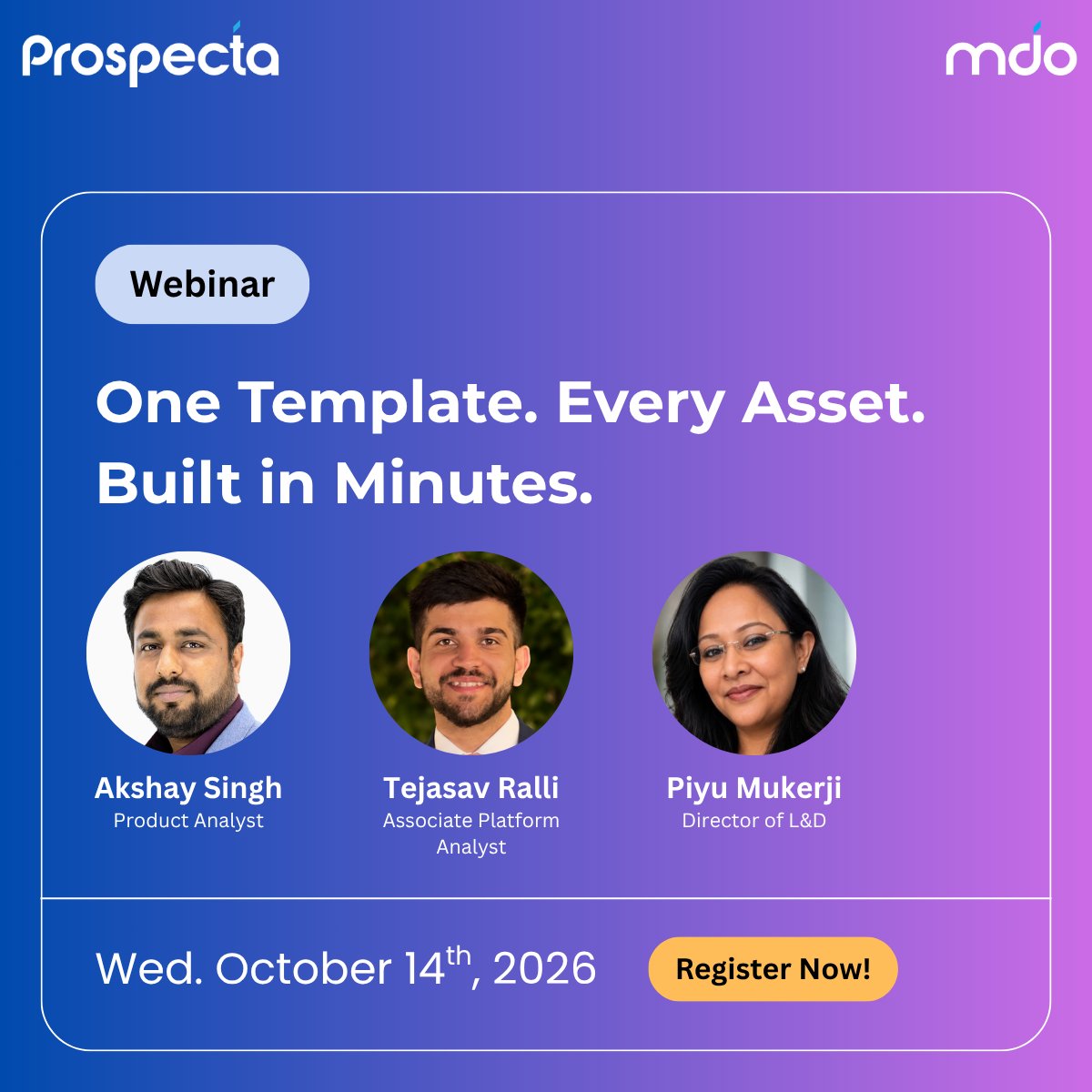 ProspectaMDO's tweet photo. New Webinar: One Template. Every Asset. Built in Minutes.

Creating the master data for one new piece of equipment is rarely one job.

The asset record is just the start. The hierarchy, the bill of materials, the maintenance plans, the task lists, the attributes, all of it has to be created and aligned to your standards. And when every piece needs its own request, handoff and approval, onboarding a single asset turns into a slow, multi-team bottleneck.

This session is about making that fast. With Prospecta's Template Management, you define a template once for an equipment type, and every new asset created from it is generated in a single request, with its full structure, maintenance data and attributes already populated to your standards. You even see a complete preview of every record before anything is committed, so nothing reaches your system until it has been reviewed.

In the session we will cover how templates work for an equipment type, what gets built automatically when you create from one, and where this fits into your existing setup workflow. The result: less manual entry, fewer handoffs, and equipment records ready in a fraction of the time.

Hear it from our team, Akshay Singh (Product Analyst), Tejasav Ralli (Associate Platform Analyst) and Piyu Mukerji (Director, L&D).

Join us live on 14 October at 11:00 AM, online. Register now to save your spot.
Register here: https://t.co/f2ZVhEX6G7

For more, reach out to contact@prospecta.com
#MasterDataManagement #AssetManagement #MDO #DataGovernance #EAM #Prospecta