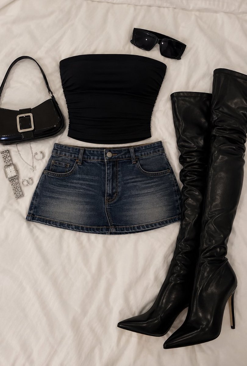PinkPrivilege5's tweet photo. Black tube top, denim mini, and slouchy over-the-knee boots. https://t.co/NxrZtpftML