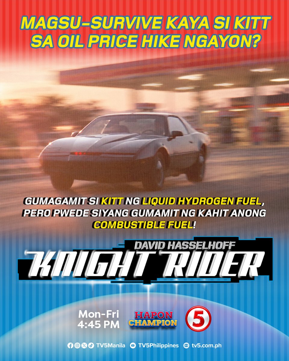 TV5PHOfficial's tweet photo. 'Yung ang angas ng features ni KITT kaso mamomroblema sa taas ng presyo ng gasolina! 😅🥲

Makisakay na sa nostalgic ride kasama si David Hasselhoff sa Knight Rider, WEEKDAYS, 4:45PM sa Hapon Champion ng TV5 on air!

#KnightRiderTV5
#HaponChampionTV5 https://t.co/c8ZokUEuG3