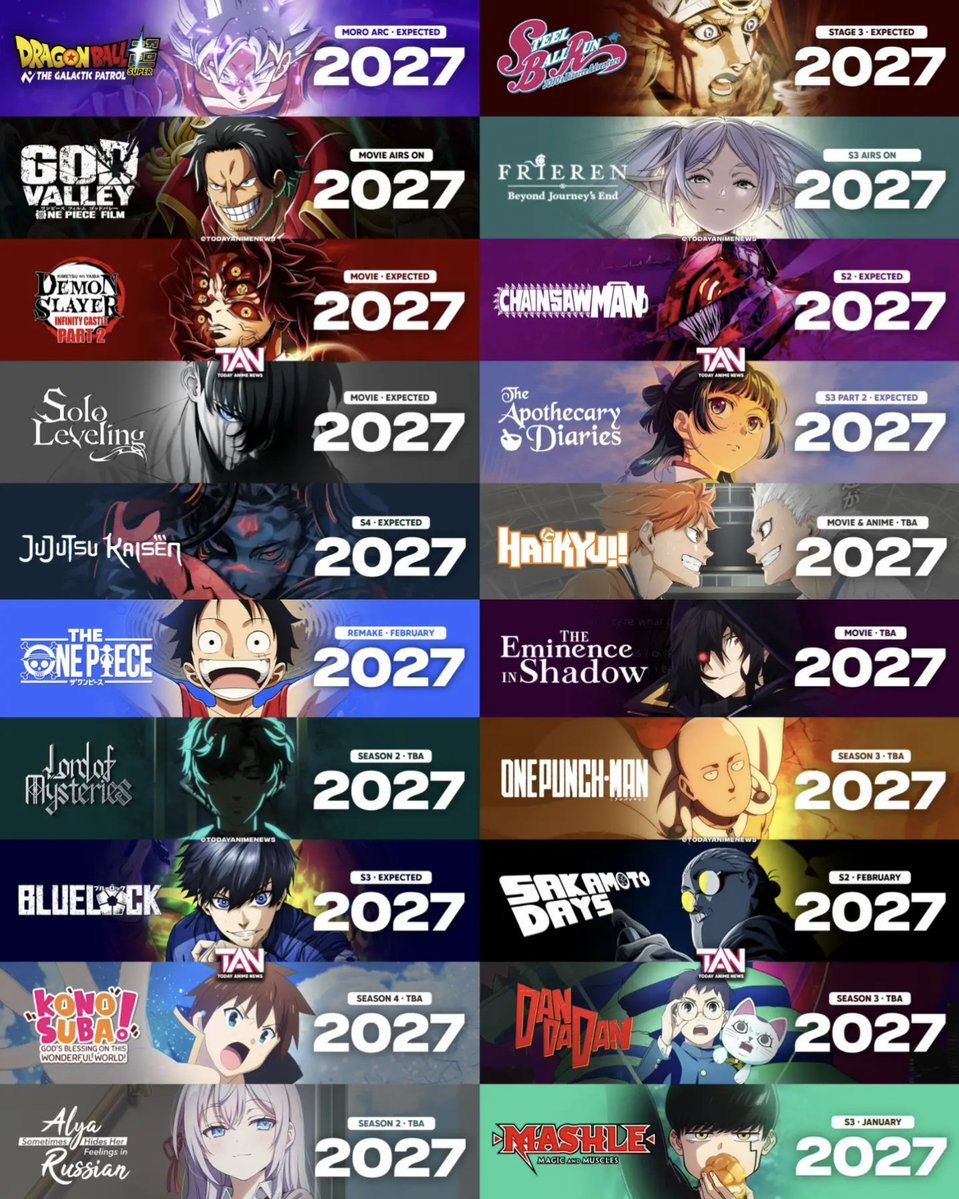 dbs_10_10's tweet photo. 2027 is shaping up to be an absolutely ridiculous year for anime. 😭✨ https://t.co/RE9OEmk9m0