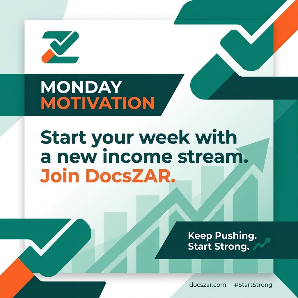 DocsZAR_'s tweet photo. Start your week with a new income stream 💰
​Don't wait for the right moment—make today count. Join DocsZAR and start earning:
​👉 https://t.co/k1yQcQ66PW
​#MondayMotivation #DocsZAR #StartStrong https://t.co/3aHk1lI6Gr