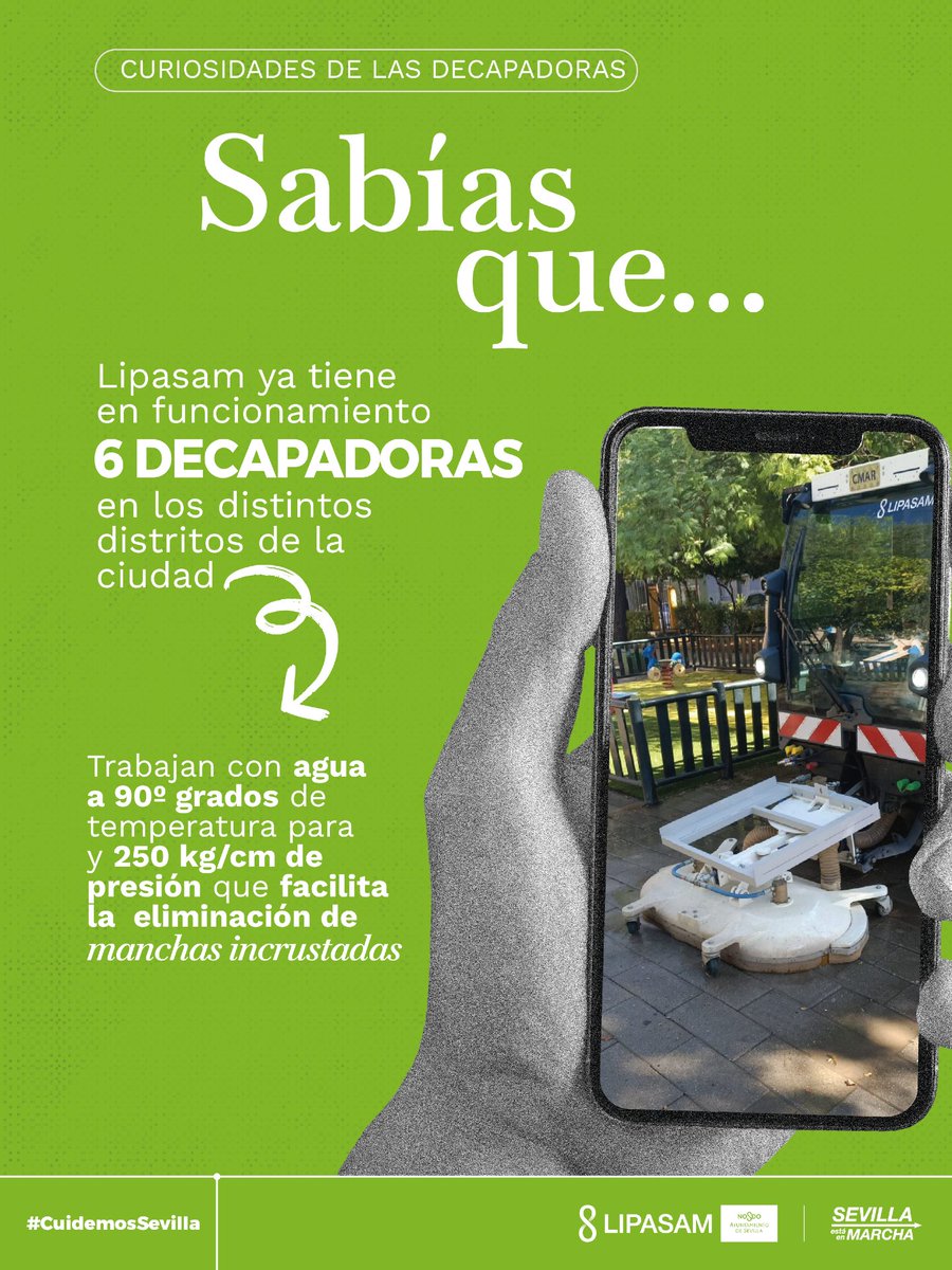 LipasamSevilla's tweet photo. Máquinas decapadoras|
Estas máquinas permiten realizar una limpieza en profundidad de los pavimentos, actuando sobre la suciedad más incrustada y contribuyendo al mantenimiento y limpieza de los espacios públicos de Sevilla

🚛 Tecnología y medios especializados al servicio de la ciudad 
#cuidemosSevilla 
@Ayto_Sevilla @eveliarincon