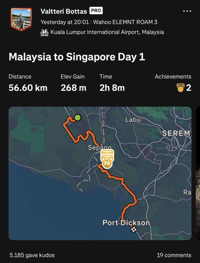 Nachez98's tweet photo. 🚴‍♂️ El tarao de Bottas está yendo a Singapur en bicicleta desde Malasia

🛣️ Son en total alrededor de 320km-350km https://t.co/cHDXdsIC0H