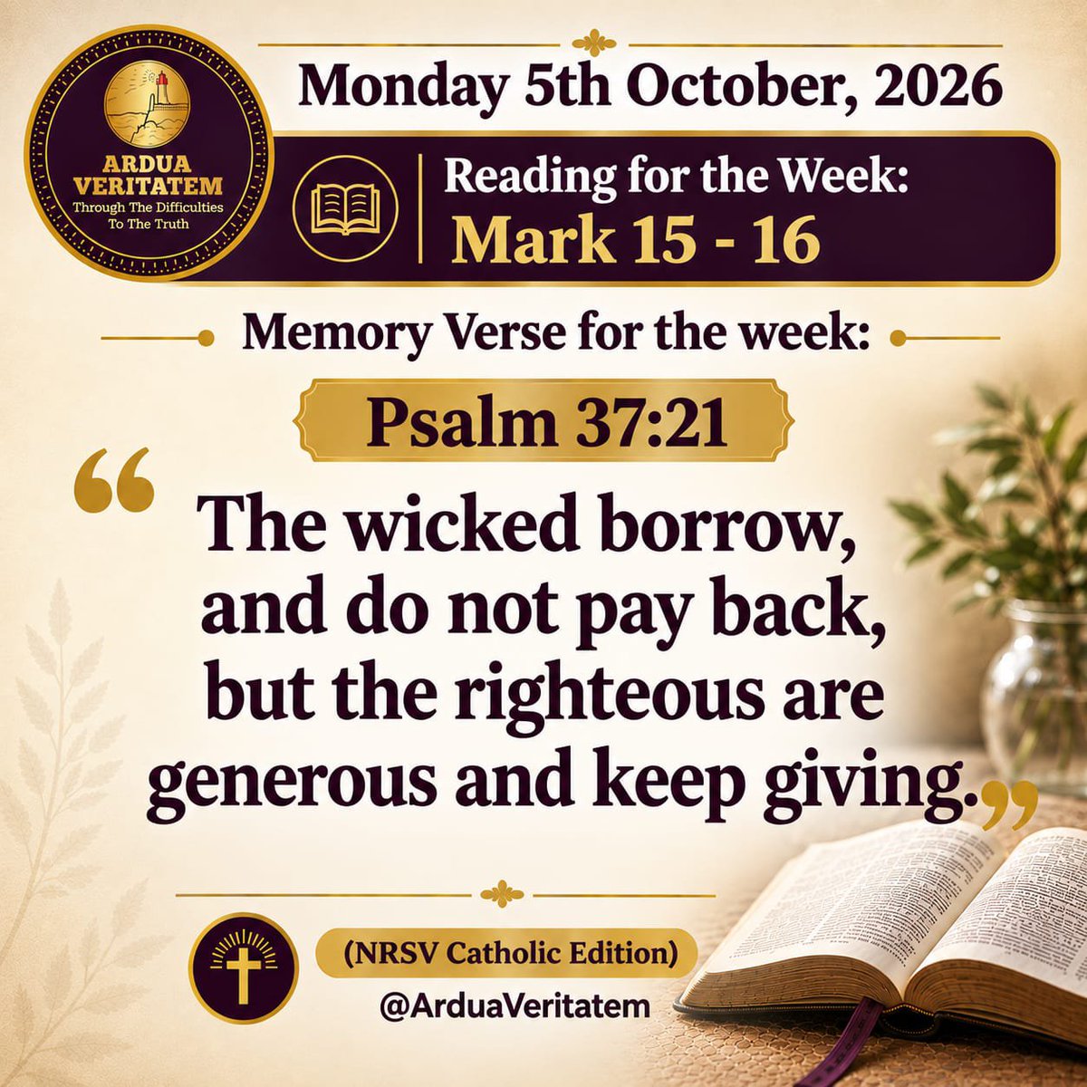ardua_veritatem's tweet photo. Memory verse for the week
#Catholic #CatholicChurch #CatholicX #Bible #CatholicTwitter #MemoryVerse #October https://t.co/oSaE6FNDZC