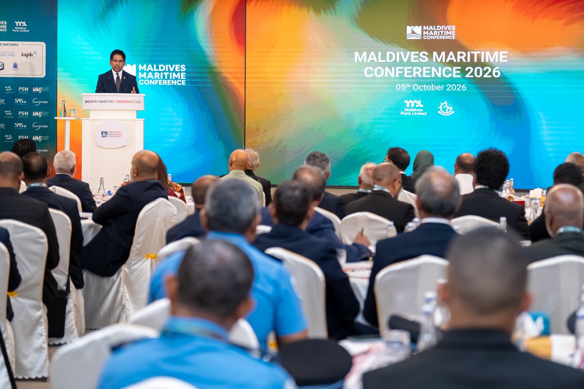 MoEDmv's tweet photo. Minister @em_saeed graced the Maldives Maritime Conference 2026 at Villa Nautica today as Chief Guest and delivered the keynote address, highlighting the vision of @Portmv to revitalize the economy and trade, develop modern infrastructure, and build a future-ready economy. He also highlighted the planned relocation of the Commercial Harbour from Malé to Thilafushi, where it will be developed into a modern and expanded port, and expressed his gratitude to all maritime and logistics sector stakeholders for their continued 24-hour operations amid global economic challenges.

#MaldivesMaritimeConference2026