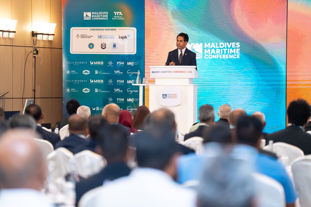 MoEDmv's tweet photo. Minister @em_saeed graced the Maldives Maritime Conference 2026 at Villa Nautica today as Chief Guest and delivered the keynote address, highlighting the vision of @Portmv to revitalize the economy and trade, develop modern infrastructure, and build a future-ready economy. He also highlighted the planned relocation of the Commercial Harbour from Malé to Thilafushi, where it will be developed into a modern and expanded port, and expressed his gratitude to all maritime and logistics sector stakeholders for their continued 24-hour operations amid global economic challenges.

#MaldivesMaritimeConference2026