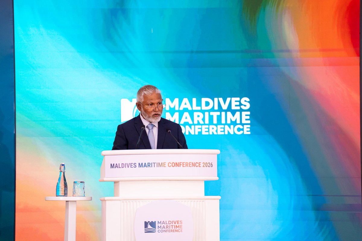 MoEDmv's tweet photo. Minister @em_saeed graced the Maldives Maritime Conference 2026 at Villa Nautica today as Chief Guest and delivered the keynote address, highlighting the vision of @Portmv to revitalize the economy and trade, develop modern infrastructure, and build a future-ready economy. He also highlighted the planned relocation of the Commercial Harbour from Malé to Thilafushi, where it will be developed into a modern and expanded port, and expressed his gratitude to all maritime and logistics sector stakeholders for their continued 24-hour operations amid global economic challenges.

#MaldivesMaritimeConference2026