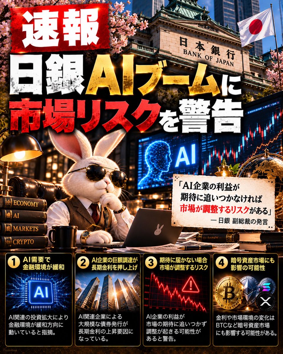 CryptoRabi888's tweet photo. 🚨 日銀、AIブームに警告。

「AIが凄い」で終わる話じゃない。

日銀の内田副総裁が今日、

AIブームによって
金融環境が緩和方向に動いている一方、

「利益が期待に追いつかなければ
調整リスクがある」

と指摘。

さらにヤバいのが、

AI関連企業による
巨額の債券発行。

これが長期金利を
押し上げる要因にもなっている。

つまり今の市場は、

AI期待
↓
株価上昇
↓
資金が動く
↓
企業が巨額調達
↓
金利にも影響

という状態。

そして当然、

この流れは
BTCや暗号資産市場にも無関係じゃない。

AIブームは
「成長ストーリー」なのか。

それとも
「次の市場調整の火種」なのか。

日銀がついに
ここを警戒し始めた。

#仮想通貨 #Crypto #AI