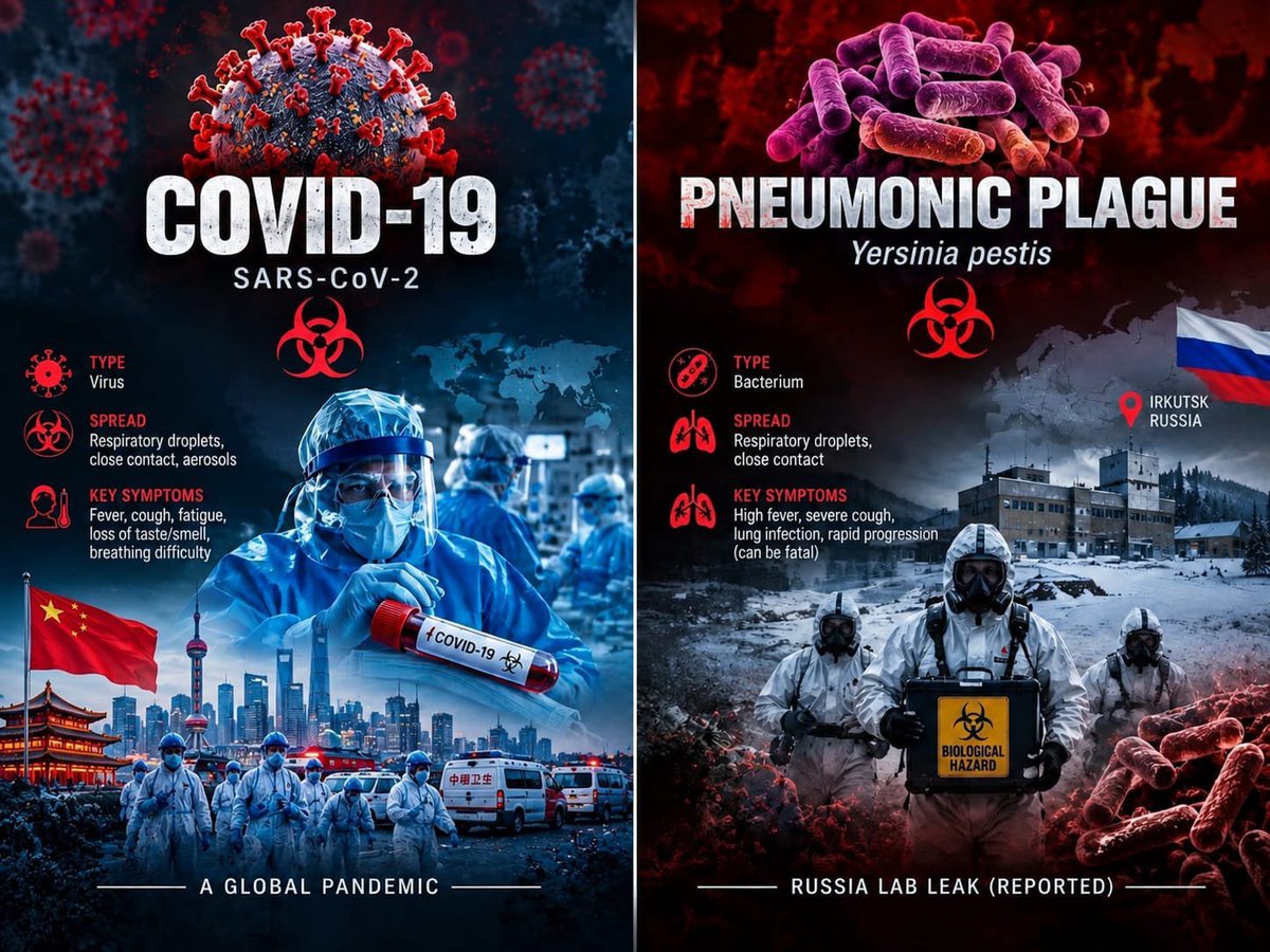 ItsRealAlec's tweet photo. 🚨🚨IS THE BIGGEST LOCKDOWN SINCE COVID COMING? THEY'RE NOT GOING TO WARN YOU UNTIL IT'S TOO LATE.

This is not about Russia.

Here's the domino chain nobody is talking about:

STEP 1: A lab worker in Siberia breaks a tube of pneumonic plague. ✅
STEP 2: 7 days later, she's DEAD. ✅
STEP 3: A hospital gets SEALED OFF. ✅
STEP 4: Nearly 200 people are put under observation. ✅
STEP 5: The US and the CDC start monitoring. ✅
STEP 6: Moscow refuses to confirm ANYTHING. ✅

Now here's what comes next if it spreads:

STEP 7: One of those 200 tests positive. ⏳
STEP 8: Cases show up in Irkutsk. Then Moscow. ⏳
STEP 9: Flights get cancelled. Borders close. ⏳
STEP 10: LOCKDOWN. ⏳

6 steps done. 4 to go.

COVID started EXACTLY like this. Silence. Denial. Then everywhere.

Pneumonic plague spreads through the AIR. Untreated, it kills in DAYS.

Don't panic. Prepare.

Follow + 🔔. If step 7 hits, you'll hear it here FIRST.