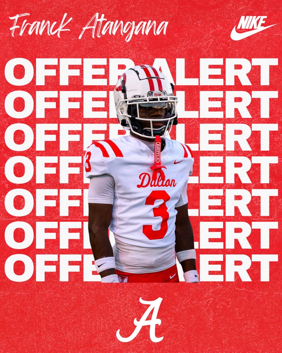 Dalton_Cats_FB's tweet photo. Congratulations to 2028 DB Franck Atangana (@FranckAtangana0) on receiving another offer from @AlabamaFTBL  

#GBR #DaltonRecruits https://t.co/bxRCuI77L5