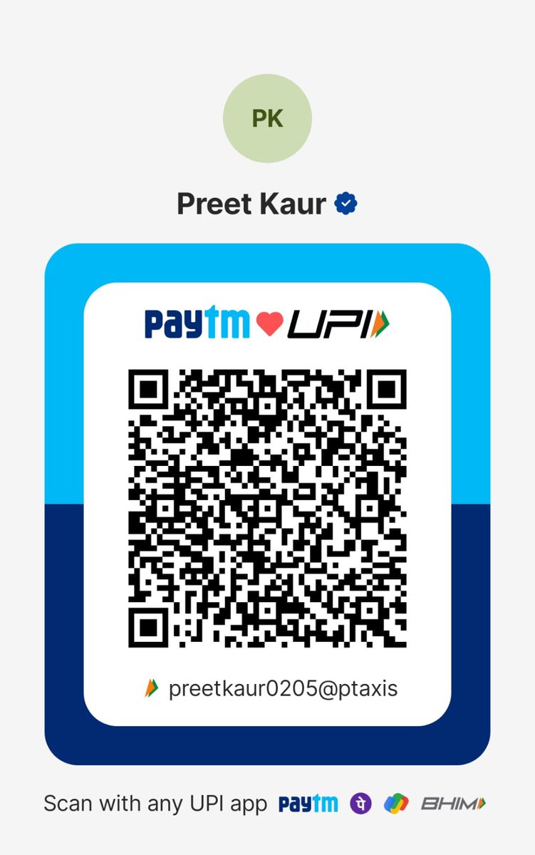 PreetKaur0502's tweet photo. I am his wife. This is my UPI QR Code for my husband's treatment.

You can scan it with any UPI app and donate any amount as per your wish.

UPI ID: preetkaur0205@ptaxis

You can also support our fundraiser on Milaap: https://t.co/HHdbTcXhWv

Please help us in this difficult time.