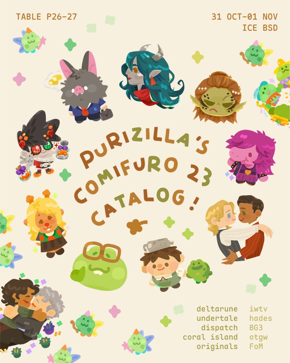 purizilla's tweet photo. Its comifuro time again 🤓🫱🏻‍🫲🏼🤓

Come browse our wares, PO and mail order are now available!! We'll be at P26-27 both days

🍀 undertale / deltarune / iwtv / FoM / BG3 / hades / dispatch /originals 🍀

🔗 https://t.co/0qT2YqdFHV

#cf23 #iwtv #deltarune https://t.co/8T1diiIA9t