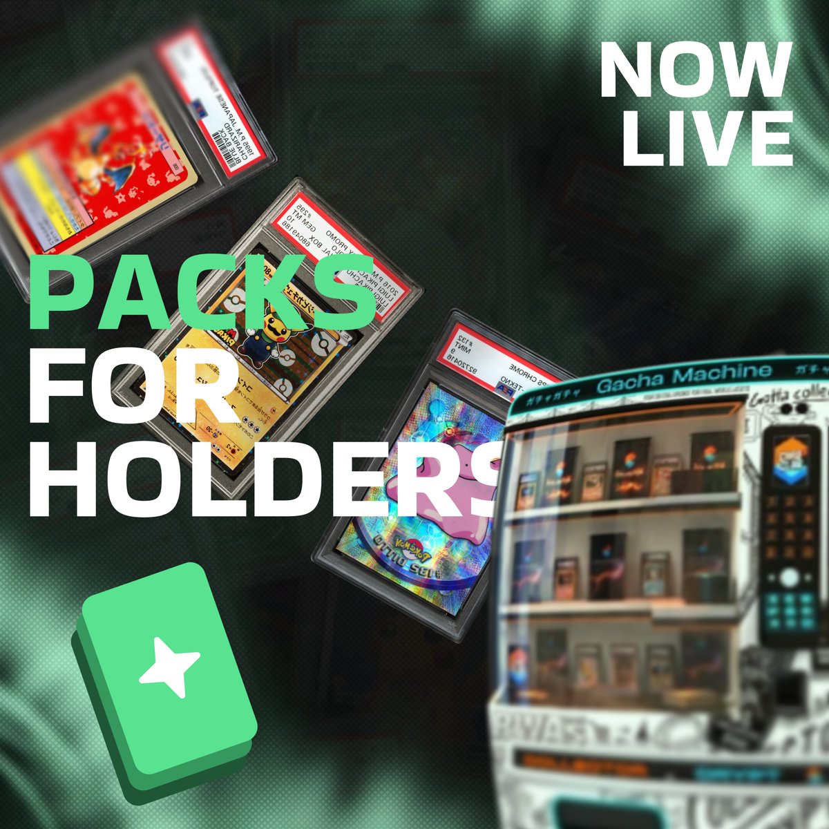 trygachafun's tweet photo. We are now live!

And rewarding holders with REAL cards pulled live from packs!

How it works:

01 - Pair a Pokémon pack
Choose a live Collector Crypt Pokémon pack and launch its token

02 - Creator fees fund the pack
Confirmed creator fees accumulate in that token’s pool, then convert to USDC.

03 - Draw one holder
Wallets holding a nonzero balance at the snapshot receive one equal chance each. Treasury, burn addresses and program-owned wallets are excluded. The snapshot is committed on Solana before a future block determines the winner.

04 - Open and deliver
The pool buys and opens the pack. Collector Crypt sends the tokenized card directly to the selected holder. The holder can use Collector Crypt for card custody and physical redemption.

It's $GACHA time!