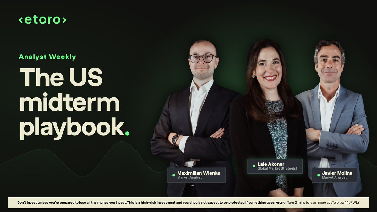 eToro's tweet photo. Could the US midterms reshape the market’s winners and losers?

eToro Global Market Analyst @lale_akoner and Market Analysts @maxwi_etoro and @Molina_Jorda break down what the vote could mean for key sectors, plus the latest on EUR/USD, Delta and Bitcoin. 👇