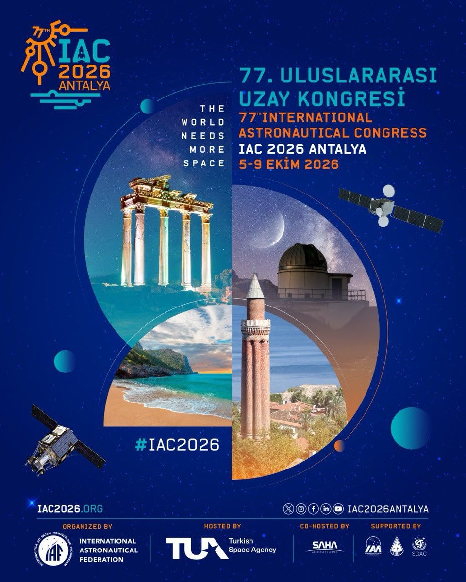 MuziYil's tweet photo. 🚀 Gezegenimizin uzay vizyonu Antalya’da şekilleniyor!

Bugün başlayan IAC 2026, dünyanın dört bir yanından uzay bilimcileri, araştırmacılar, mühendisler ve sektör temsilcilerini Türkiye’de buluşturuyor. https://t.co/KC7vhVouo7
