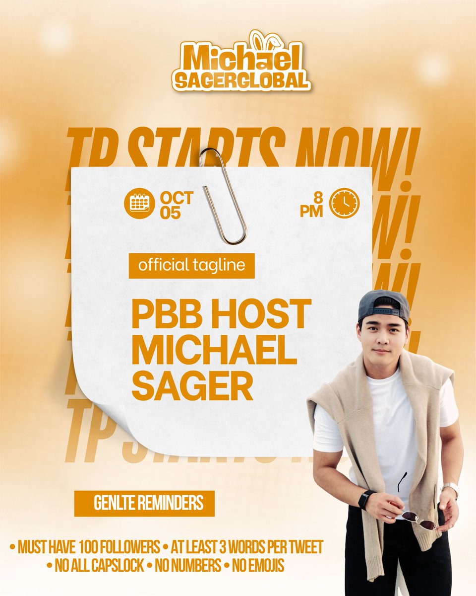 SAGERGLOBAL's tweet photo. Michael Sager supporters, this is our moment!

Let’s show our full support as Michael takes on a new milestone as the new Kapuso PBB host. Join our trending party and let’s make some noise online!

Tagline:
PBB HOST MICHAEL SAGER

#MichaelSager https://t.co/kCa7kMMeVO