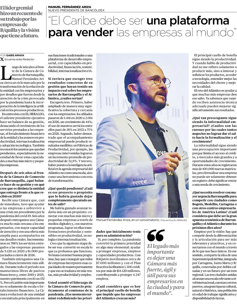 Camarabaq's tweet photo. #SomosNoticia en @elheraldococon  entrevista al saliente presidente ejecutivo @mfernandezariza que resume el balance de gestión y la evolución de la institución.

La entrevista 🎤 aquí: 
El Caribe debe ser una plataforma para vender las empresas al mundo” https://t.co/Mj5jRJ5EHL https://t.co/ZZW9Xqaodd