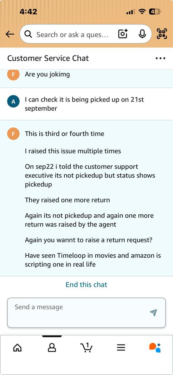 FaahilFaiz8040's tweet photo. @AmazonHelp Are you sure.. they are scripting a time loop movie in real life :( https://t.co/SQeSE3RTFS