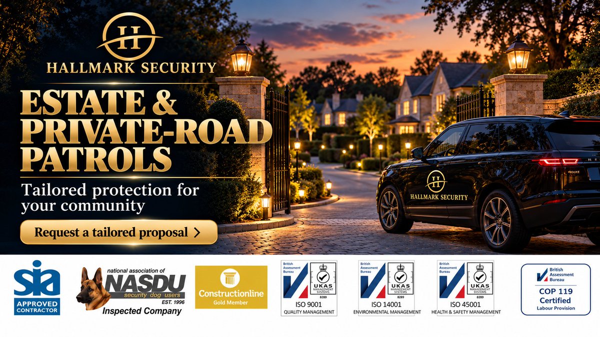 HallmarkSec's tweet photo. Security shaped around your community. Hallmark provides bespoke patrol arrangements for estates and private roads, with schedules and checks tailored to local needs.

Contact us to request a tailored proposal. #HallmarkSecurity #ResidentialSecurity https://t.co/BOEvFYjTkr