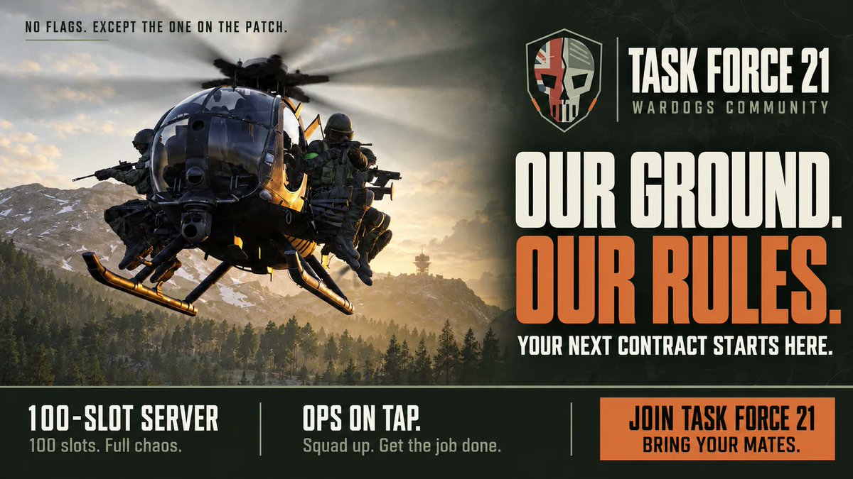 TaskForce21_'s tweet photo. Server's quiet. Let's fix that.

Task Force 21 #1 [EU/UK] is seeding for WARDOGS. Jump on, bring a mate, stay until 30 players. Every minute counts towards rankings and rewards.

Direct connect: https://t.co/3plLBiNg5A

#WARDOGS #TaskForce21