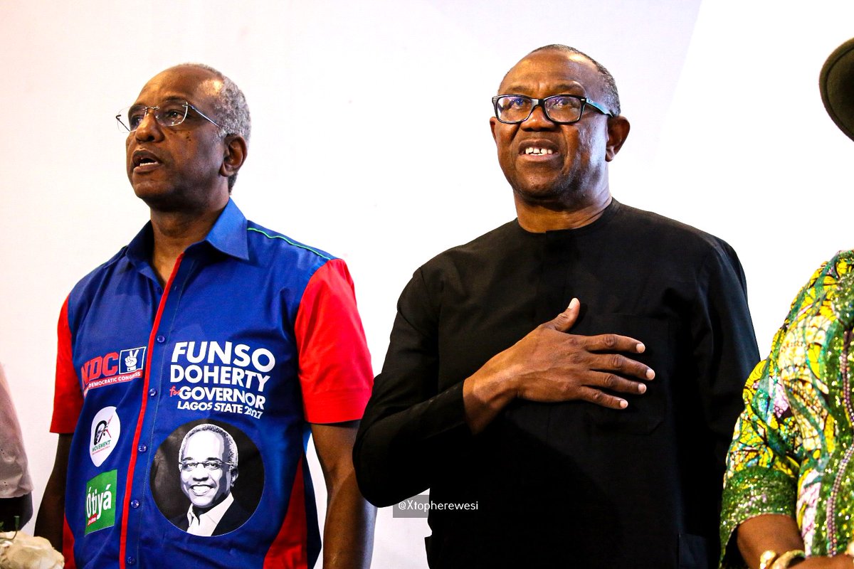 Xtopherewesi's tweet photo. Peter Obi in his closing remarks to Lagos Obidients: "Don't do anti-party activities in 2027. We have a competent candidate (Funso Doherty), contesting for Governorship... give him your support."

"We are one (NDC) family," PO noted. https://t.co/ZC68uNDKgy