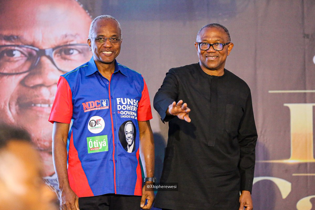 Xtopherewesi's tweet photo. Peter Obi in his closing remarks to Lagos Obidients: "Don't do anti-party activities in 2027. We have a competent candidate (Funso Doherty), contesting for Governorship... give him your support."

"We are one (NDC) family," PO noted. https://t.co/ZC68uNDKgy