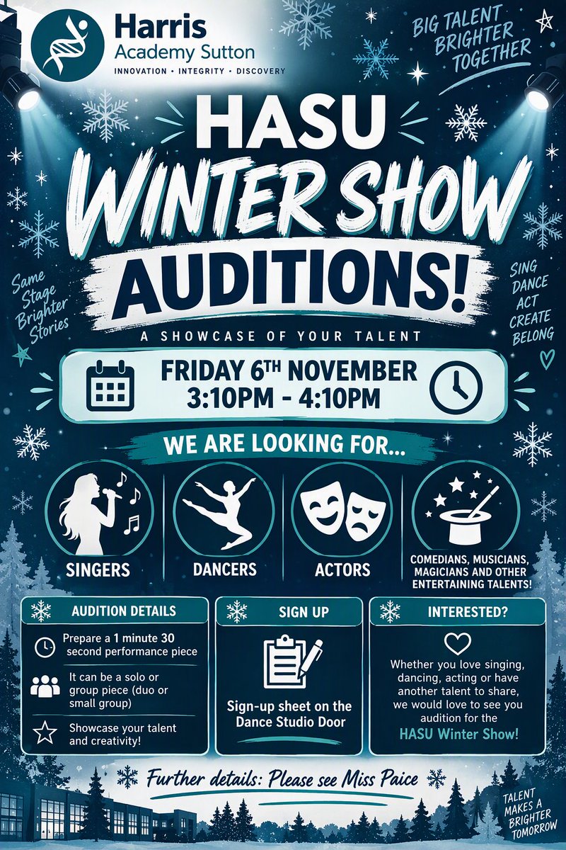 Do you love singing, dancing, acting, playing an instrument, or showcasing a unique talent? This is your chance to shine on stage.
 Winter Show Auditions
  Friday 6th November
  3:10pm - 4:10pm
Sign up on the Dance Studio door. Get ready to share your talent! Image
