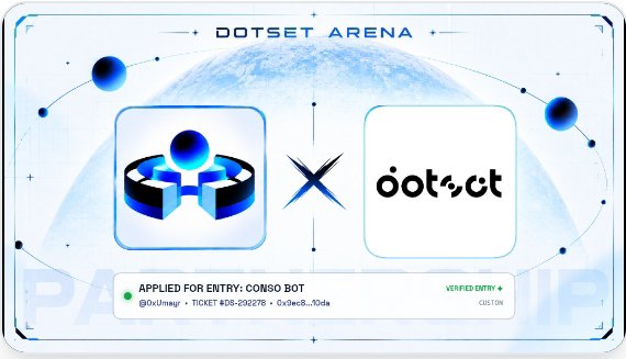 0xUmayr's tweet photo. Just submitted my verified entry for the @CONSO BOT whitelist raffle on @dotsetarena! πβ‘
Ticket: #DS-292278
Join here: https://t.co/BAtzDeqV1t
#DOTSET #Web3 #Whitelist https://t.co/tQ0gXM189V