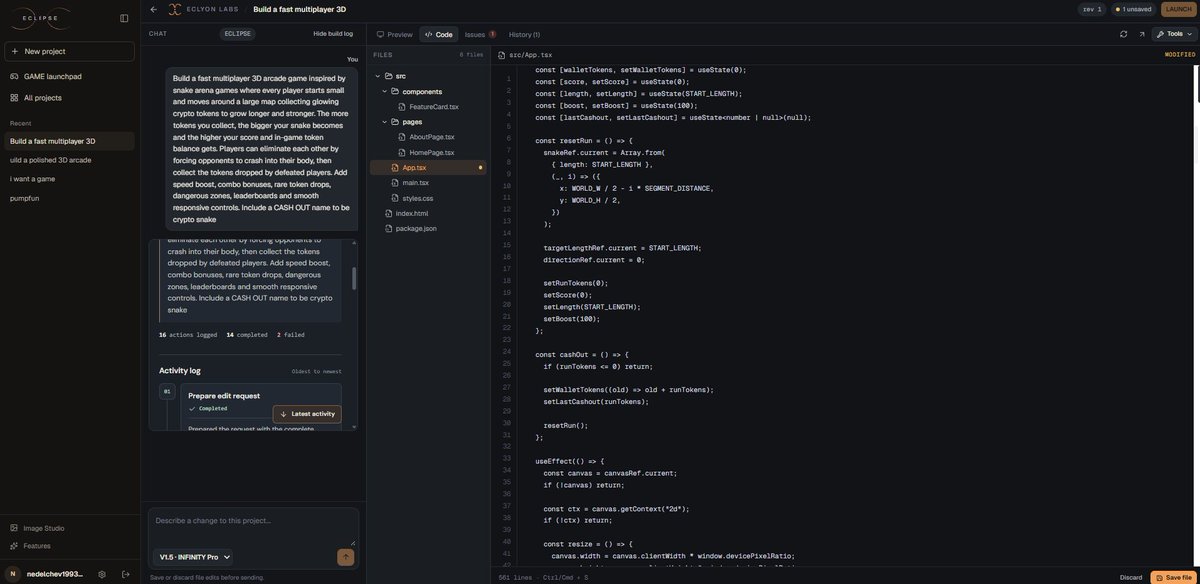 eclyonlabs8's tweet photo. Before you launch your game from the ECLIPSE Launchpad, you’ll be able to build it edit it, test it, and keep improving it until it’s exactly how you want it. 

Once everything is ready and working the way it should, you can officially launch the game together with its connected token. 

For example, you could tell ECLIPSE:
“Build a complete, playable Action game. Build a fast multiplayer 3D arcade game inspired by snake arena games where every player starts small and moves around a large map collecting glowing crypto tokens to grow longer and stronger. Players can fight, eliminate each other, collect dropped tokens, use boosts, climb leaderboards, and CASH OUT their earned tokens before restarting small again. Make it fully playable in the preview with keyboard and touch controls, clear progression, scoring, and restart mechanics.”

Once your game is ready,you move to the ECLIPSE Launchpad connect your X account, and ECLIPSE automatically builds a dedicated page for your game where anyone can join online and play for real crypto rewards in the token you created. 

The entire system is designed so rewards are not based on who holds the most tokens — they are based on who is actually the best at the game your gameplay score, wins, progression, PvP performance, PvE achievements, and other verified in-game actions determine your position and rewards. The goal is simple: skill over wallet size. Build the game, launch the token, bring players in, and let the best players earn the most.