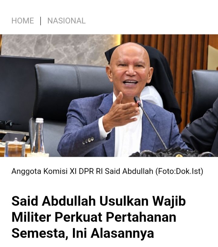 indepenSumatera's tweet photo. SIAP SIAP INDONESIA AKAN MEMPERSIAPKAN WAJIB MILITER✌️🫠

* Said Abdullah mengusulkan wajib militer.
* Sasarannya terutama generasi muda, khususnya mulai usia 18 tahun.
* Tujuannya bukan hanya kebutuhan pertahanan, tetapi membangun disiplin, budi pekerti, kesadaran bela negara, dan kultur pendukung pertahanan
* Ia mengusulkan pendidikan/pelatihan terpadu yang melibatkan sekolah, TNI, Polri, dan praktisi.
* Komcad juga ingin diperluas sebagai bagian dari sistem pertahanan semesta.
* Untuk kalangan profesional, ia mengusulkan konsep “rakyat terlatih” yang dapat berbagi keahlian dan mendukung pertahanan menghadapi ancaman nonkonvensional.
* Alasannya: ancaman sekarang tidak hanya perang konvensional, tetapi juga perang asimetris dan hybrid.
* Said menegaskan TNI tetap menjadi kekuatan utama dan wajib militer terbatas/rakyat terlatih bukan untuk menggantikan TNI.