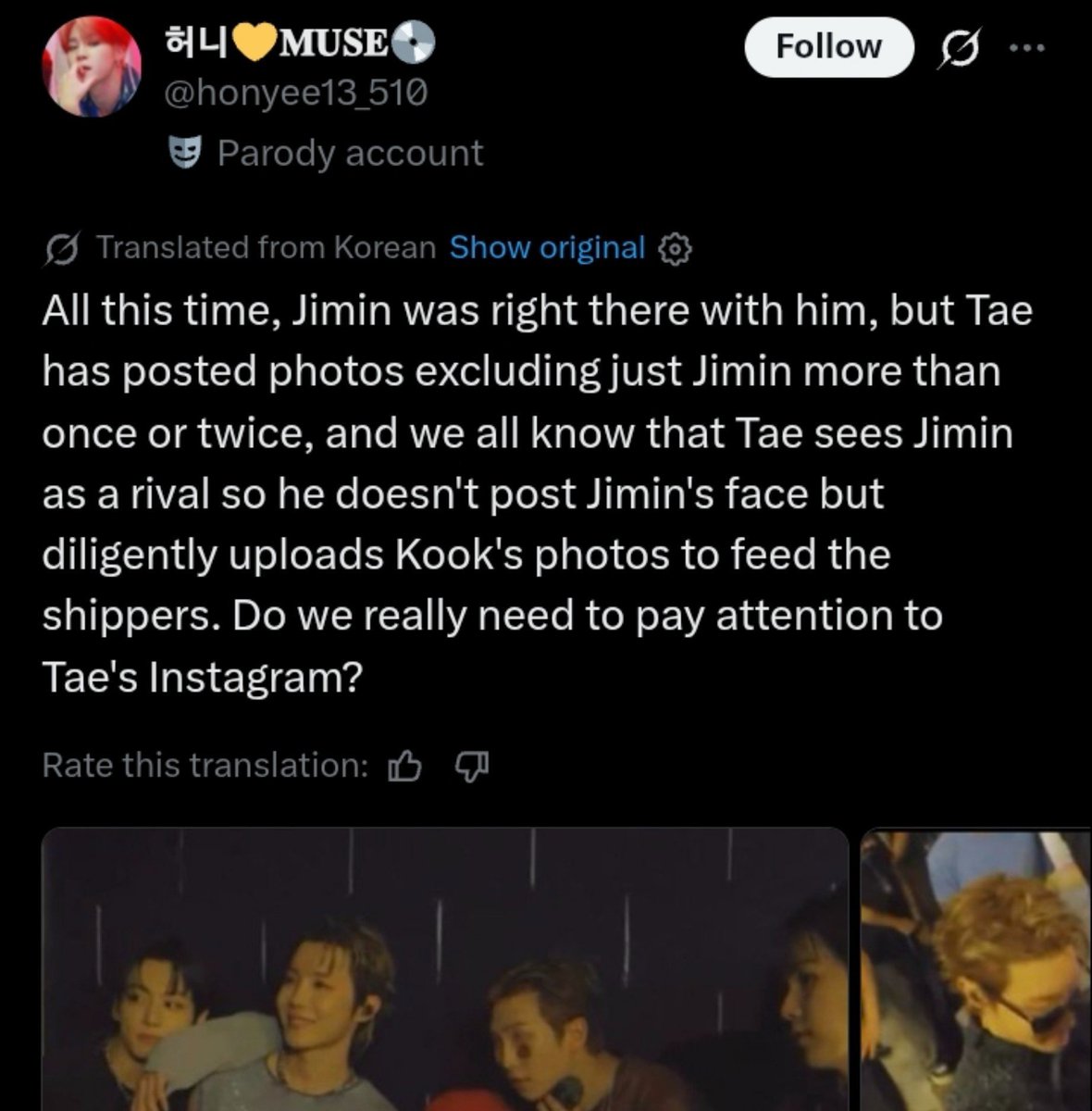 thvtigered's tweet photo. pjms today: how dare he post my fave
pjms these past months: how dare he exclude my fave

you can never win with them omg 😭 crying all these months n harassing tae cause jm was "excluded" from tae's photo w jk &amp; jhope, only to be mad now that he is included https://t.co/pkIcZ0QBMf