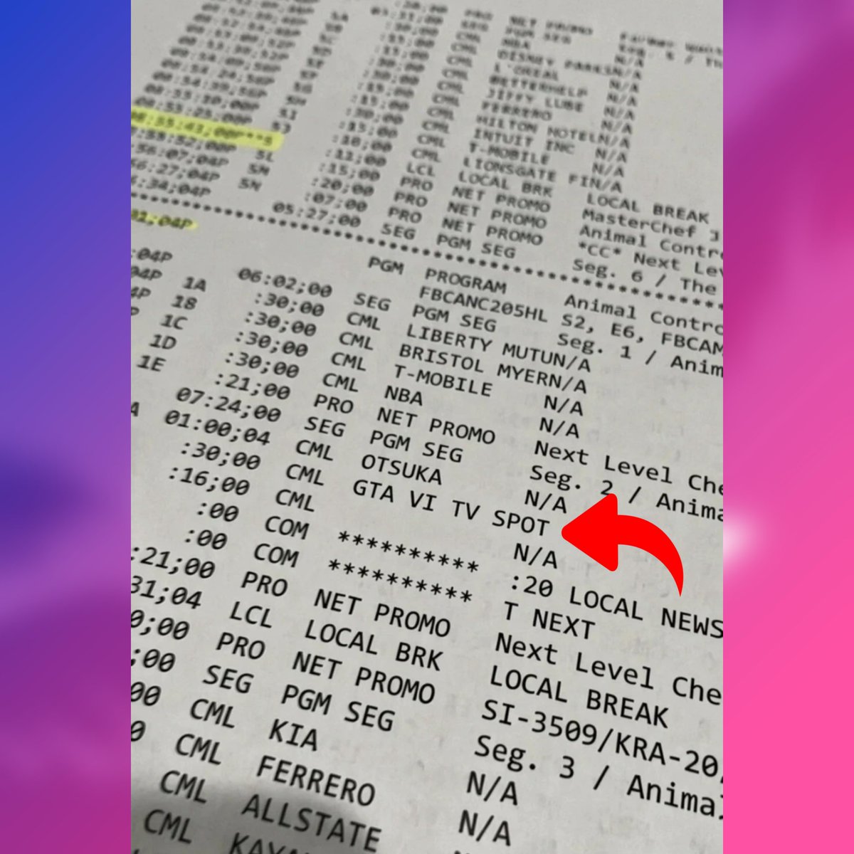 gtasix_'s tweet photo. A 30-second GTA 6 TV spot has leaked.

A leaked TV programming schedule lists a “GTA VI TV SPOT.” GTA 5 also received a 30-second TV commercial ahead of its release. https://t.co/dGSAfrRXUp