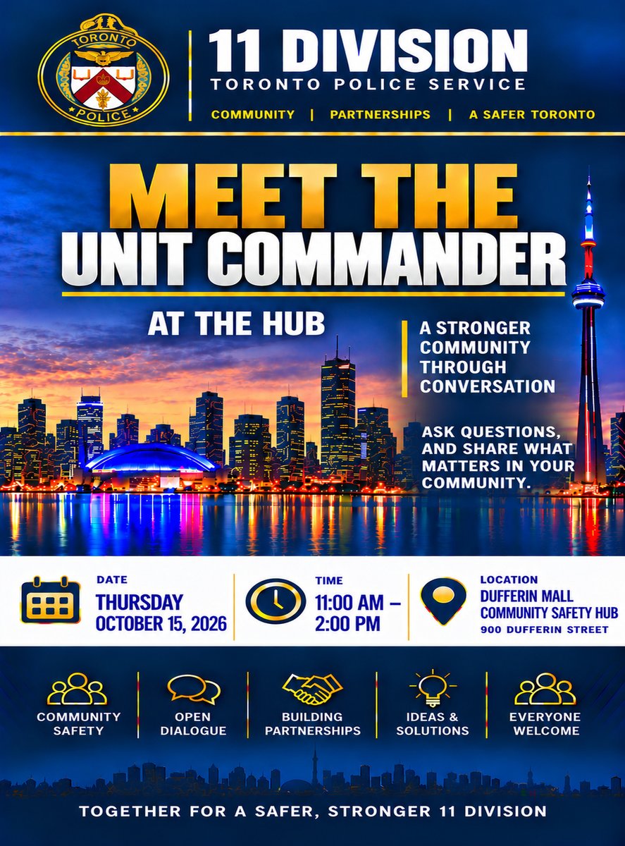 TPS11Div's tweet photo. Join us on October 15 at the Community Safety Hub #bloordale #junction #toronto #dufferinmall @TPS_CPEU #collegestreet #torontopolice #highpark https://t.co/V96bxYzg3K