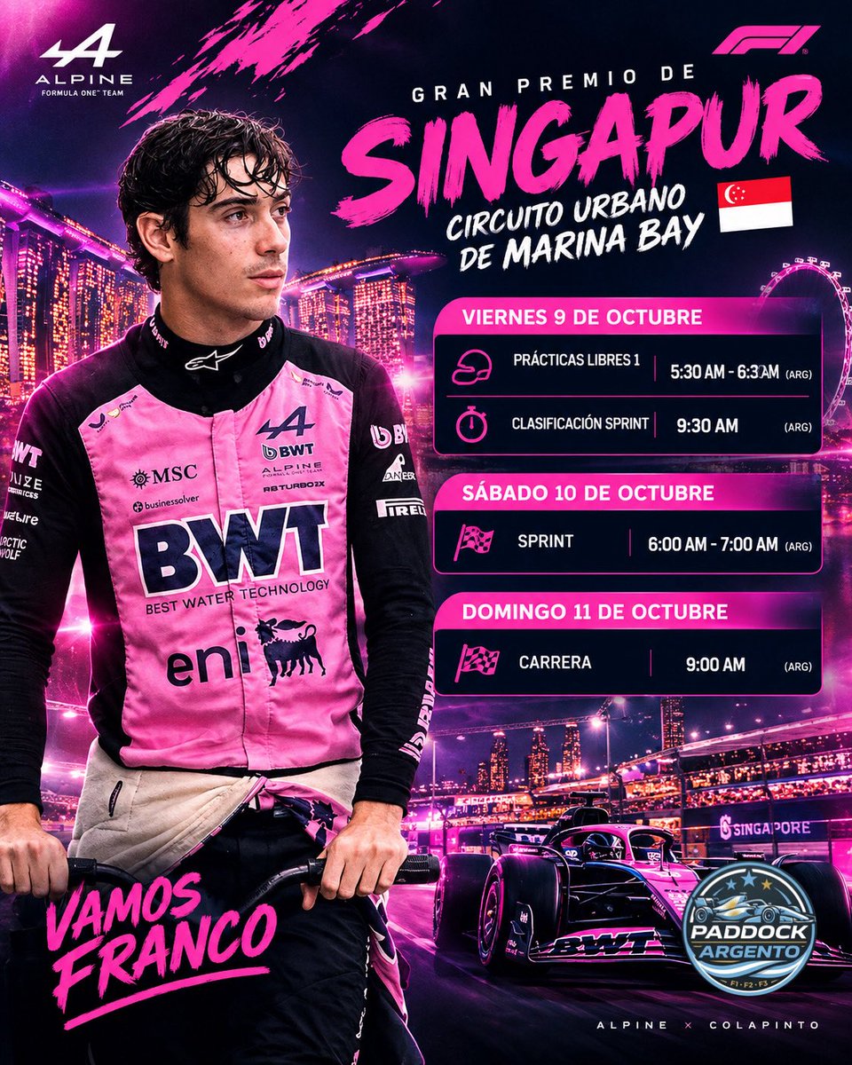 Paddock_Argento's tweet photo. 🇸🇬🏎️ ¡Se viene el GP de Singapur!

🇦🇷 Horarios de Argentina:

🔹 Viernes 9/10
🏁 PL1 — 5:30 AM
⏱️ Clasificación Sprint — 9:30 AM

🔹 Sábado 10/10
🏎️ Sprint — 6:00 AM

🔹 Domingo 11/10
🏆 Carrera — 9:00 AM

💗 ¡Vamos Franco! 🇦🇷🏎️

#F1 #SingaporeGP #Colapinto https://t.co/62UDyWyk7g