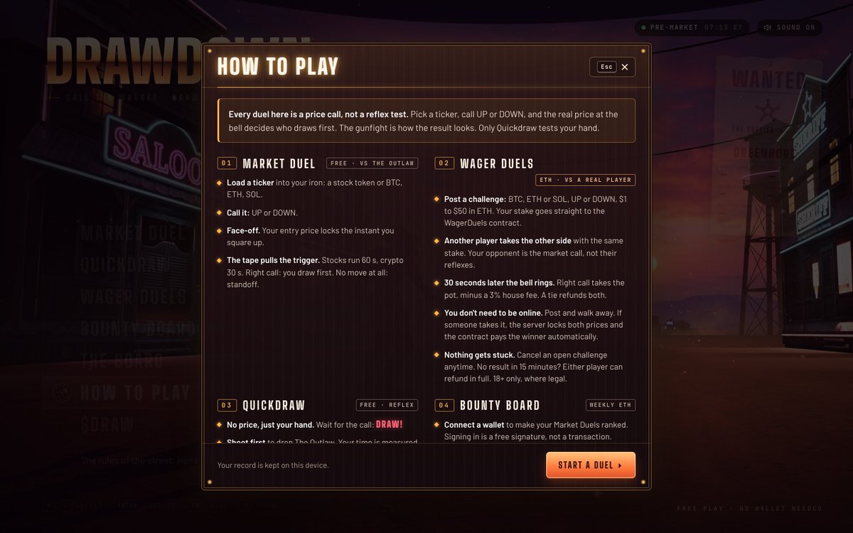 playdrawdown's tweet photo. A duel in DRAWDOWN is a price call, not a reflex test.

Pick a ticker, call UP or DOWN. The real price at the bell decides who draws first.

Free vs The Outlaw, or ETH vs a real player. You don't even need to be online when they take your challenge.

https://t.co/wNa3zcxjXe https://t.co/la7Ulnbd0N