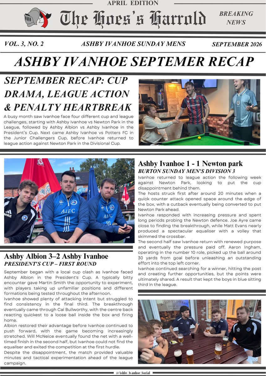 IvanhoeSocial's tweet photo. A busy month for the Ivanhoe 💙

2–3 Ashby Albion
1–1 Newton Park
1–4 Potters FC
2–2 Newton Park
❌ 4–5 on pens

Plenty of cup drama, league action and lessons along the way.

Up the Ivanhoe! 💙

#UpTheIvanhoe https://t.co/TovE34myud